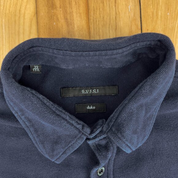 GUCCI Duke Long Sleeve Button Down Polo Style Navy Blue Shirt Size 39 - Picture 3 of 10